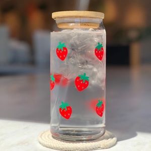 Strawberry Glass Cup with Bamboo Lid